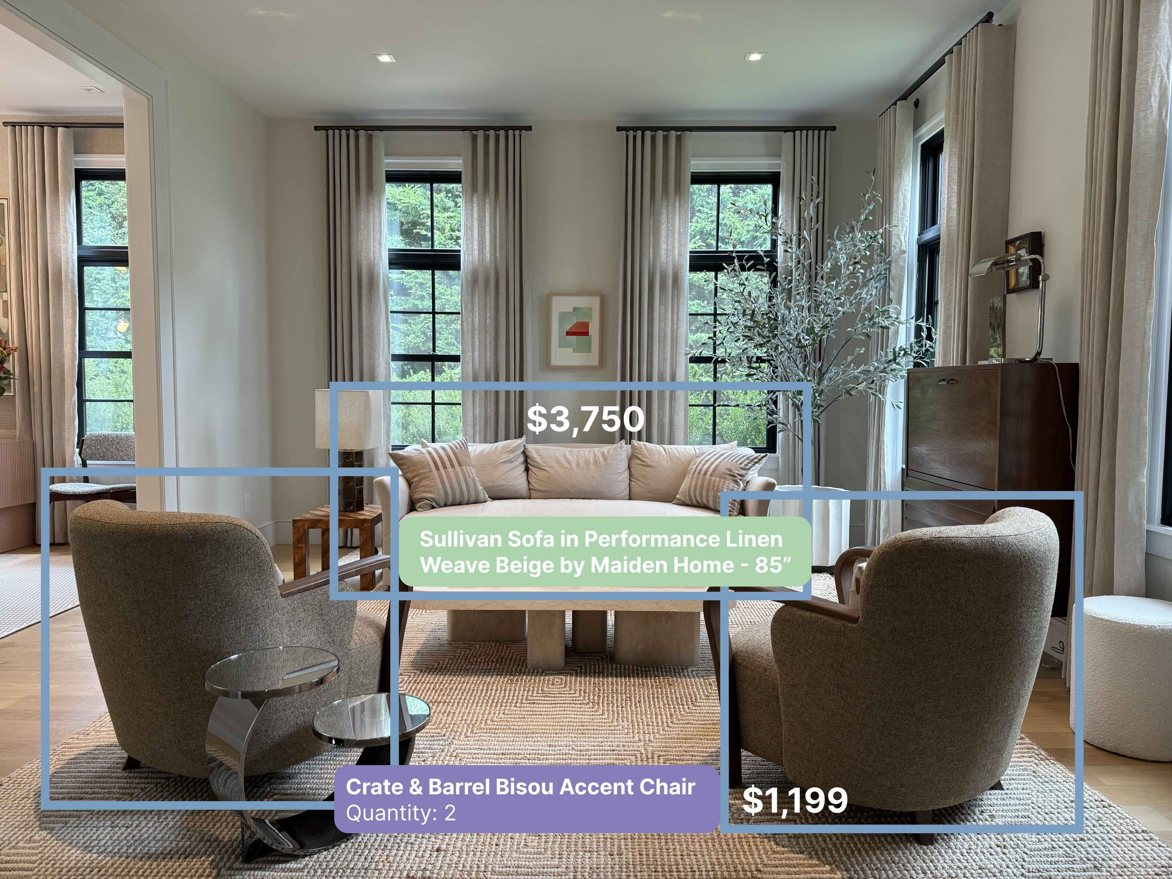 AI-powered contents inventory showing dining room items with pricing